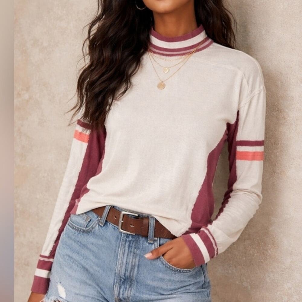 We the Free People Full Speed Tee Shirt Womens Small Beige Marroon Relaxed Top